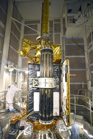 NASA's SMAP spacecraft inside the service structure at Space Launch Complex-2 at Vandenberg AFB, California.
